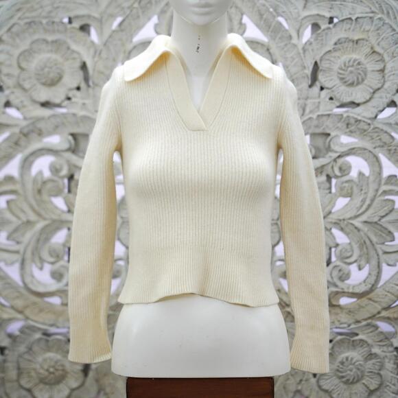 Uniqlo×Comptoir des Cotonniers 100% Wool Sweater Women’s M Ivory Collared V-Neck - Picture 1 of 7